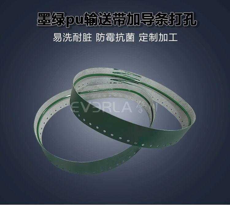 墨綠PU<a href='http://www.m.szfulaite.com/shusongdai/' target='_blank'><u>輸送帶</u></a>加導(dǎo)條打孔